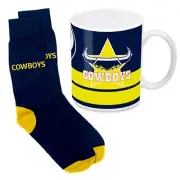 125053 NRTH QUEENSLAND COWBOYS NRL CERAMIC COFFEE MUG + JACQUARD KNIT SOCKS 7-11