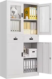 185cm Steel File Locker Cabinet Lockable Filing Storage with 4 Adjustable Shelves and 2 Drawers,2 Tempered Glass Door & 2 Metal Door Cupboard Office Garage Stationary