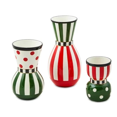 MacKenzie-Childs Red & Green Ceramic Vases Set of 3 NEW