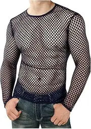 Mens Mesh Fishnet Top Long Sleeve See Through Muscle Tops Casual Crew Neck Mesh Shirt Fashion Fishnet Shirts Clubwear