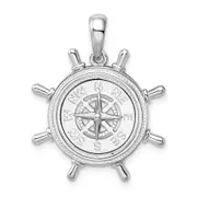 Sterling Silver De-Ani Rhodium-Plated Polished Ships Wheel With Compass Pendant