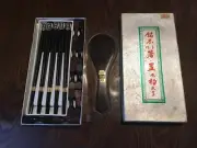 Vintage Set Of 9 Wooden Chopsticks With Rests and Rice Paddle