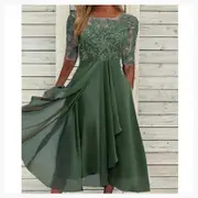 Lace Appliques Dress Midi Short Sleeve Evening Dresses Casual All Match Dress For Wedding Green XXL