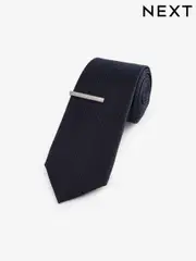 Dark Blue Slim Textured Tie And Clip Set (E13949) | $15