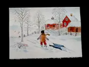 1 VTG Unused Xmas Greeting Card Young Boy Pulling His Sled In Fresh Snow To Town