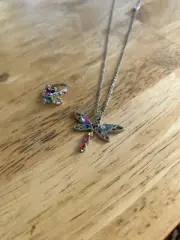 2-PC Gemstone Butterfly Necklace And Ring Adjustable One Size Silver Chain Gift