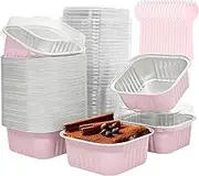 QZV 50 Pack Mini Square Cake Pans with Lids, 5 oz Disposable Ramekins Cupcake Cups Containers,Mini Cake Baking Pans for Cheesecakes, Puddings, Brownies-Pink