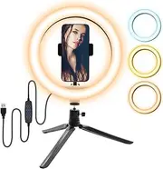AHPOUN Selfie Ring Light, 10” LED Ring Light with Tripod Stand and Phone Holder, 11 Level Brightness Dimmable Fill Light with 3 Color Options for Make Up, TikTok, YouTube Video, Live Streaming