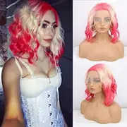 Curly Hair Ombre Strawberry Pink Ombre Blonde Lace Front Wigs Short Bob Wig with Hand-Tied Lace Synthetic Wig Natural Hairline Light Pink to Peach Color for Women 14"