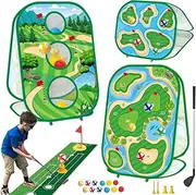 YSZZYSM 4-in-1 Kids Golf Games Set with Club, Putting Mat, Chipping Net, Multiple Game Modes, Cornhole Board Set, Indoor & Outdoor Practice