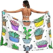[RPLIFE] Cacti Succulents White Bathing Suit Sarong Cover Up, Summer Long Sarong, Large, Cacti Succulents White, Medium
