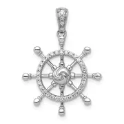 14k White Gold 1/6ct. Real Diamond Ship Wheel Pendant