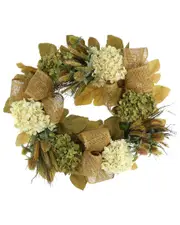 Creative Displays 28in Cream Hydrangea, Thistle And Wheat Fall Wreath With Burlap Bows
