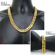 24"MEN Stainless Steel HEAVY 16mm Gold Plated Cuban Curb Chain Necklace Bracelet