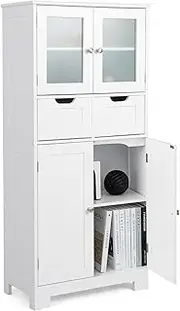 Costway Tall Bathroom Storage Cabinet, Kitchen Pantry Cabinet with Glass Doors & Drawers, 3-position Adjustable Shelves, Freestanding Floor Cupboard Organizer for Bathroom, Living Room, Kitchen, White