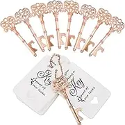 WODEGIFT 60 PCS Key Bottle Openers,Wedding Favors Keys Vintage Skeleton Key Bottle Opener with Escort Card Tag and Key Chains, Rustic Decoration for Wedding Favors(Rose Gold)