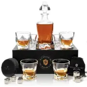 M H Deluxe Whiskey Bourbon Decanter Set Glasses Coasters Ice Cubes Shot Glasses