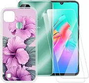 ESACMOT Pink Flowers Pattern Case Compatible with Infinix Smart HD 2021 X612B + [2 Pack] Screen Protector Tempered Glass, Shockproof Case Cover for Infinix Smart HD 2021 X612B (6.1 inch)