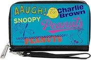 [Buckle-Down] Peanuts Wallet, Zip Around, Charlie Brown Snoopy and Woodstock Typography Collage Blue, Vegan Leather