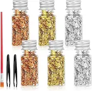 Gold Leaf Gold Foil Flakes Gold Foil Flakes Gold Leaf Gold Flakes with Tweezers and Brush for Decorative Foil DIY Crafts Nails Jewellery Making Dessert Baking Cakes Chocolate 6 Bottles