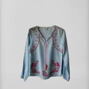 $195 Neiman Marcus Women's Blue Floral Embroidered Tassel Peasant Tunic Top SZ S