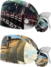 [YTYVAGT] 2-Pc,Nurse Scrub Caps,Scrub Hats with Buttons and Cotton Sweatband,Forest Ancient Building Bridge
