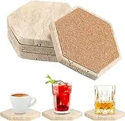 JUXYES Hexagon Travertine Coasters Set of 4 with Soft Mat, Natural Stone, Round, for Drinks, Coffee, Tea, Personalized Vintage Coasters for Restaurant, Bar, Coffee Table