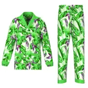 Tariff-Free Men's Green Banana Leaf Print 100% Mulberry Silk Pajamas Set