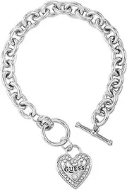 [GUESS] Silvertone Heart Logo Charm Toggle Bracelet, one size, Metal, no gemstone