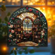 Library Bookshelf Acrylic Suncatcher - Flower Window Decor, Gift for Book Lovers