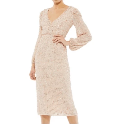 Mac Duggal Sequin Long Sleeve Midi Cocktail Dress Nude | Size 14
