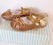 Girls Kids Flat Dress Shoes Size 9 Golden Shiny Princess Wedding Party Beaded