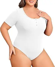 [Lastshe] Plus Size Bodysuits for Women Button Down Henley Slim Fit Shirts Casual Short Sleeve Stretchy Body Suit Tops