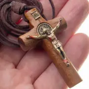 Wooden Cross Crucifix St Benedict Necklace Leather Cord Men Women Adjustable