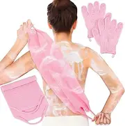 Exfoliating Shower Bath Gloves Back Scrubber Set for Body, Face, Shower, Bath, Scrub and Exfoliator (Pink, One size)