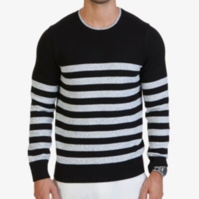 Nautica New Mens Breton Striped Pullover Crew Neck Sweater True Black