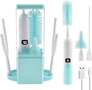Electric Baby Bottle Brush Cleaner, Adjustable Level Rechargeable Bottle Brush Set with Indicator Light, Silicone Plastic Rotating Baby Bottle Washer, Travel Bottle Cleaning Kit for Home (Blue)