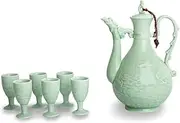 Celadon Baijiu Wine Set - Classic Minimalist Ceramic Decanter with Tall Goblets & Serving Accessories