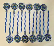 Soleo Swizzle Sticks / Stirrer Set / Lot of 12: Blue with Yellow Graphic - New