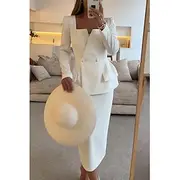 Two Piece Mermaid / Trumpet Mother of the Bride Dress Elegant Peplum Dress Set Simple Minimalist Square Neck Tea Length Crepe Stretch Fabric Long Sleeve with S
