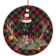 Funny Black Labrador Dog With Deer Anlters Plaid Pattern Ornament Gift Decor