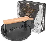 Cast Iron Hamburger Press - Heavy-Duty Patty Maker Burger Meat Press Mold with Wooden Handle,6.9-Inch Round