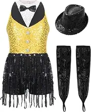 [RUNQHUI] Sparkly Tuxedo Bodysuit Latin Dance Outfits for Girls Tassels Fringe Leotard with Gloves Hat Set Yellow&Black 12 Years
