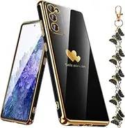 Nonional for Samsung Galaxy S20 FE 5G Case with Phone Lanyard Wrist Strap [Butterfly Shape], Luxury Double Heart Pattern Plating Gold Edge Slim Soft Phone Cover Case for Galaxy S20 FE - Black