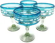 Mexican Hand Blown Glass – Set of 4 Hand Blown Margarita Glasses (16 oz) with Aqua Spiral Design