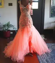 NWT Sherri Hill Orange Beaded Tulle Slit Floral Mermaid Gown Formal Prom Dress 4