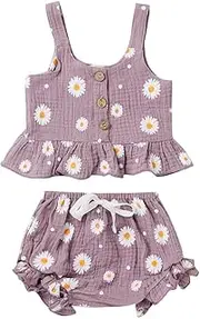 [HAOLUKI] Toddler Kids Baby Girls Clothes Daisy Ruffle Crop Cami Tank Tops Floral Bloomers Shorts 2PCS Summer Outfit Set