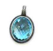 David Yurman Blue Topaz & Pave Blue Sapphire Enhancer Silver Oval 24x20mm