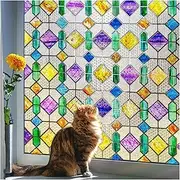 Coavas Window Privacy Film Stained Glass Window Clings Upgrade 3D Rainbow Clings Sun Blocking Bathroom Frosted Decals Decorative Door Room Vintage Prism Glass Stickers 17.5 x 39.4 Inch