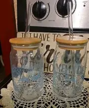 (2) DOLLY PARTON Glass Can Coffee Tumblers with Wooden Lid & Straws NEW Blue
